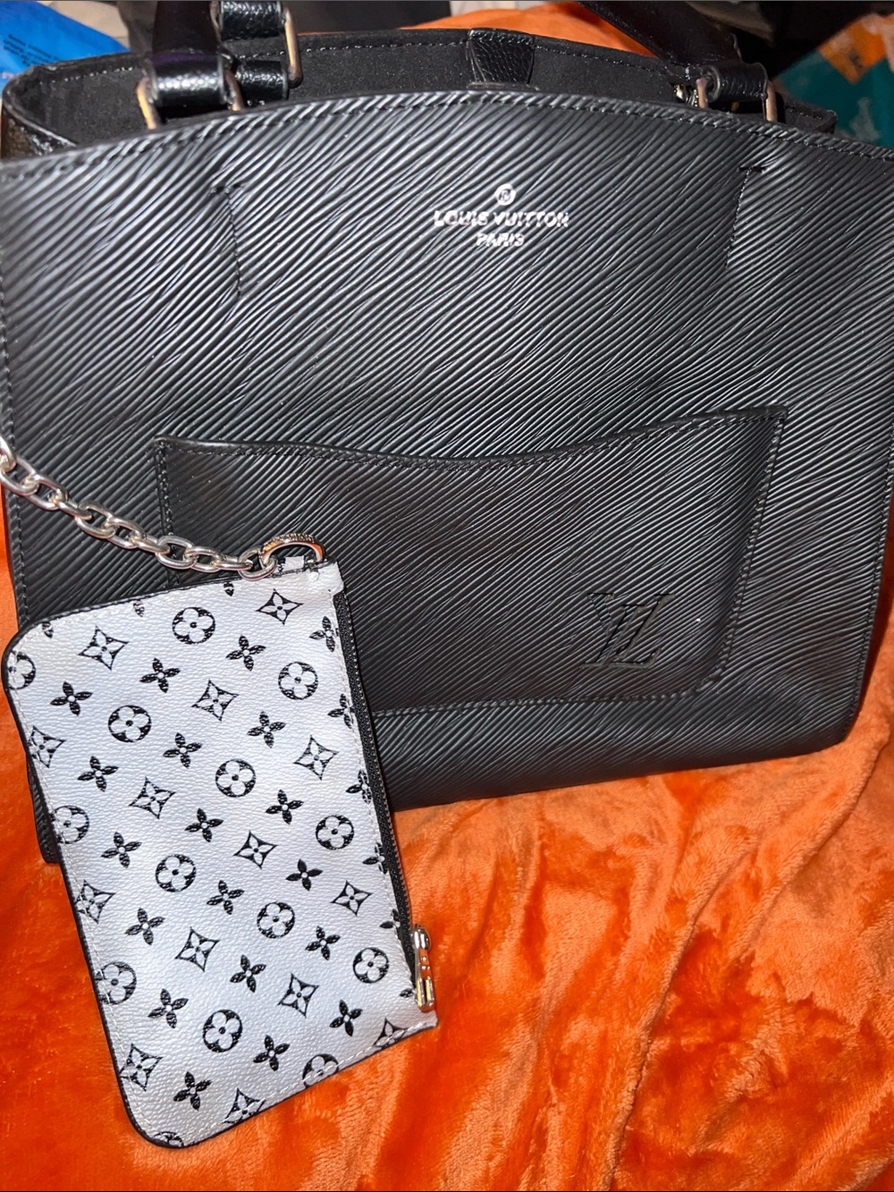Black Epi Leather Shoulder Bag with White Monogram Pouch